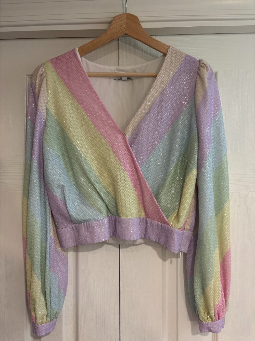 Olivia Rubin Kendall Sequin Top Pastel Rainbow Stripe Long Sleeve Party Size 8